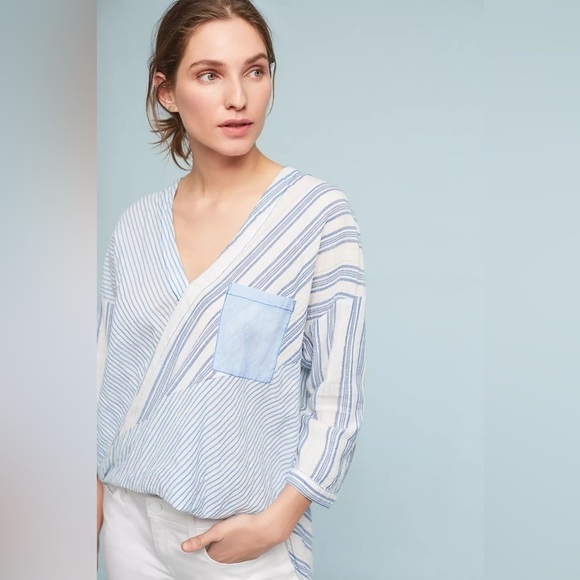 Anthropologie Holding Horses Striped Faux Wrap Western Coastal Tunic Top Size M - Picture 2 of 11